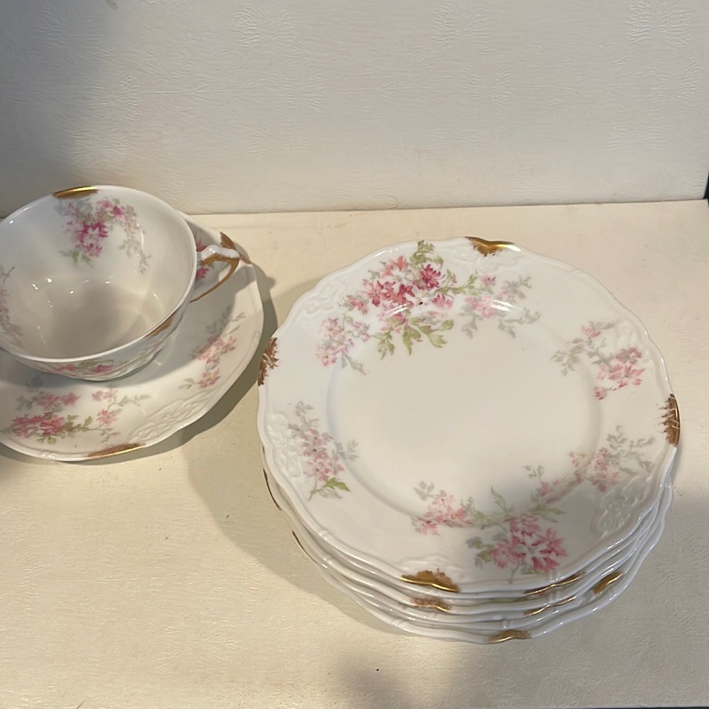 Six Vintage Tea Plates: C. Ahrenfeldt, France, Limoge, “Pink Floral/Green Leaves